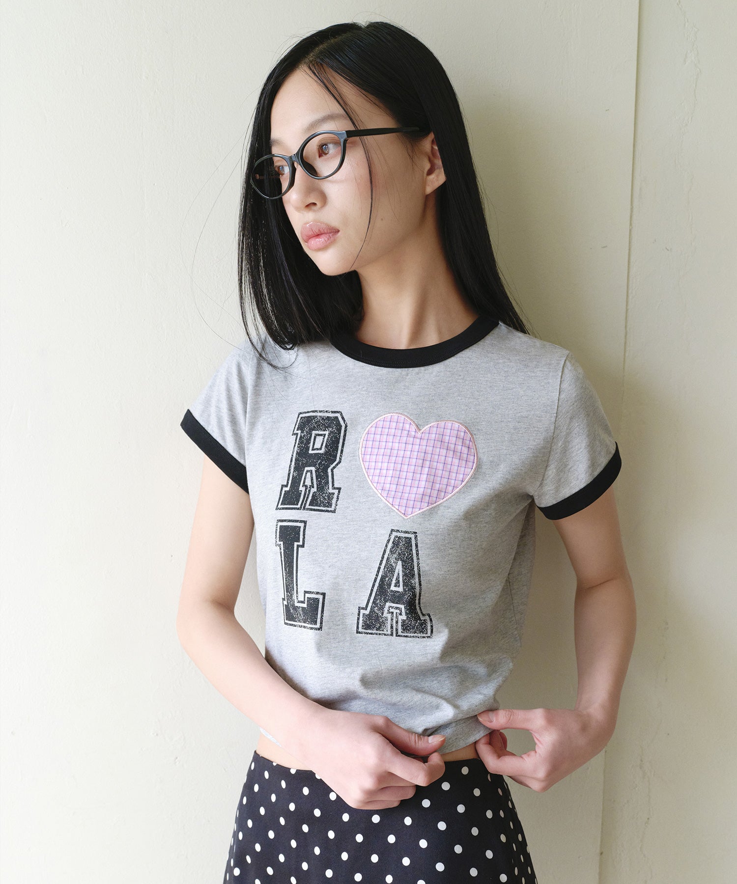 I LOVE ROLA PATCHWORK RINGER T-SHIRT - GRAY